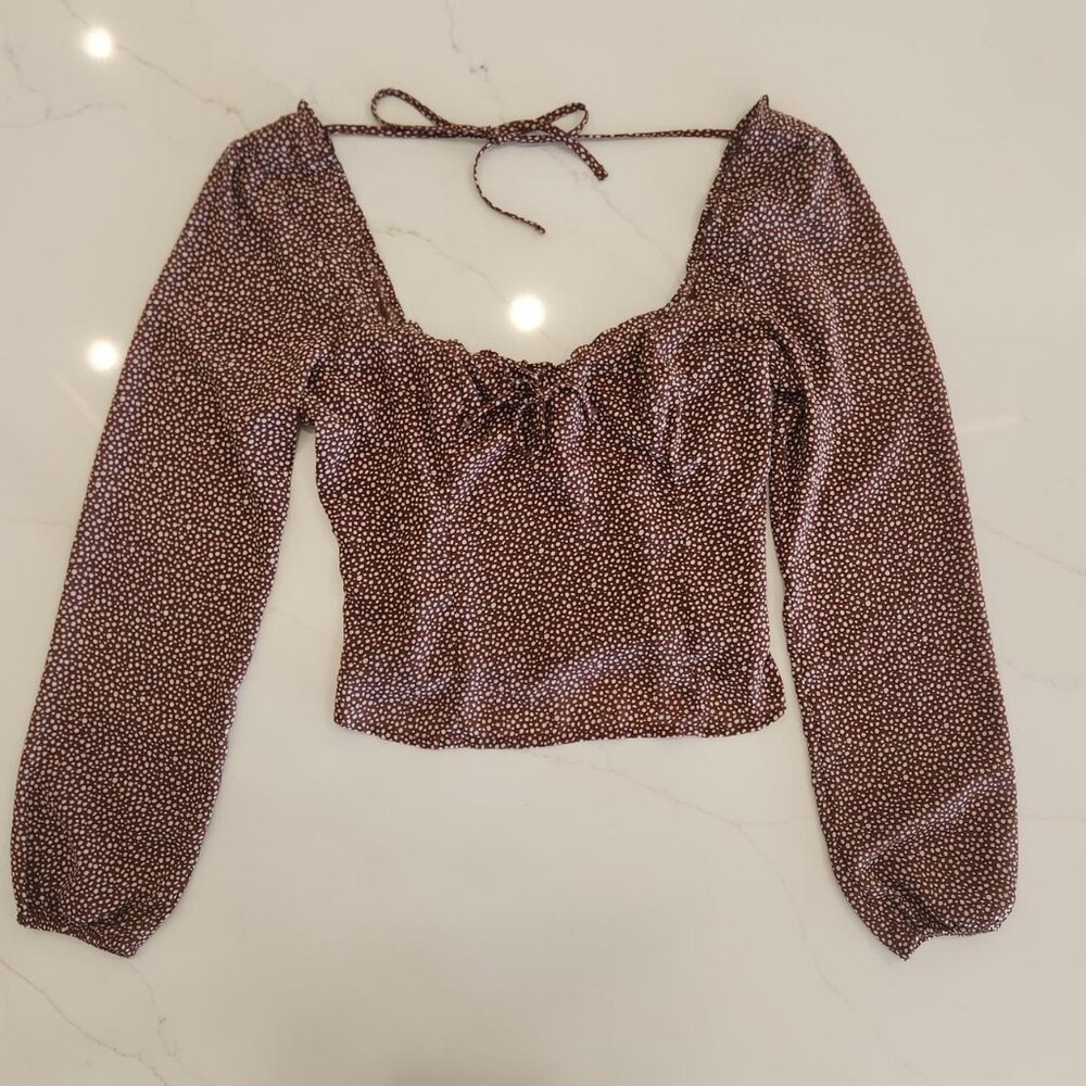 Abercrombie & Fitch Sz XS Cropped Brown White Polka Dot Long Sleeve Cottage Top